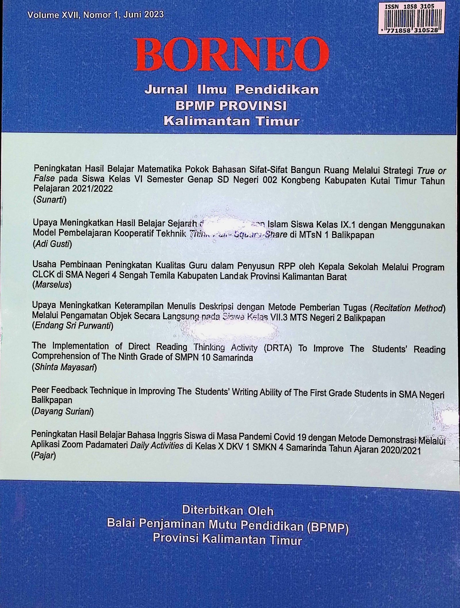 Cover Borneo: Jurnal Ilmu Pendidikan BPMP Provinsi Kalimantan Timur / Khaerullah (Penanggung Jawab); Tendas Teddy Soesilo (Penyunting)